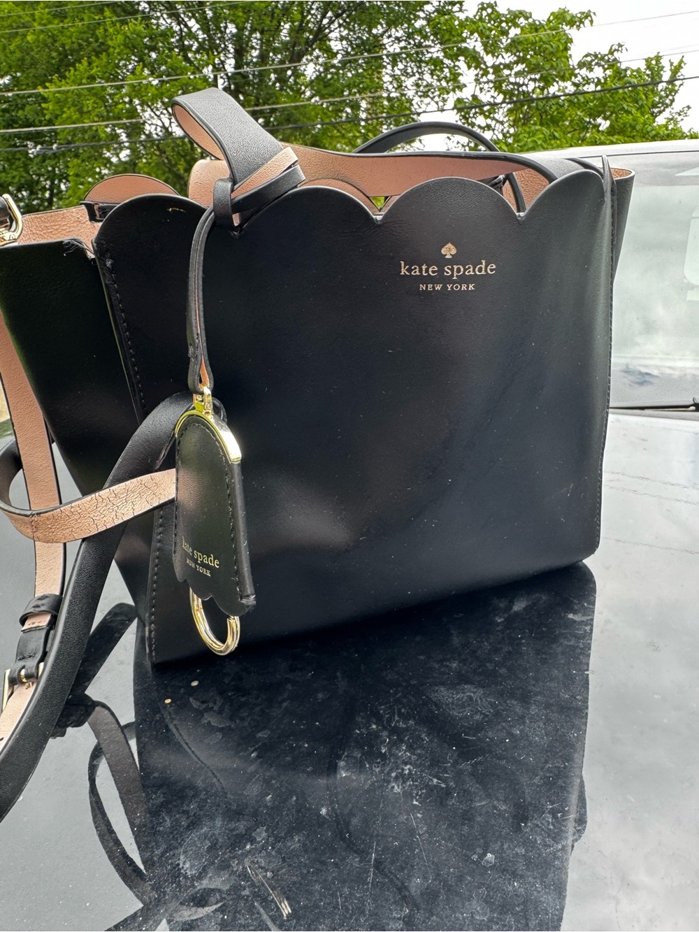 kate spade Black Scalloped Edge Leather Tote with Tan Trim